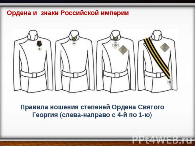 Ордена и знаки Российской империи Правила ношения степеней Ордена Святого Георгия (слева-направо с 4-й по 1-ю)
