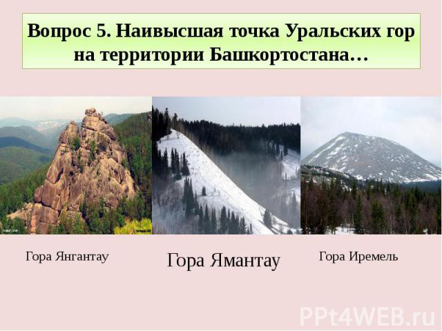 Вопрос 5. Наивысшая точка Уральских гор на территории Башкортостана…Гора Иремель