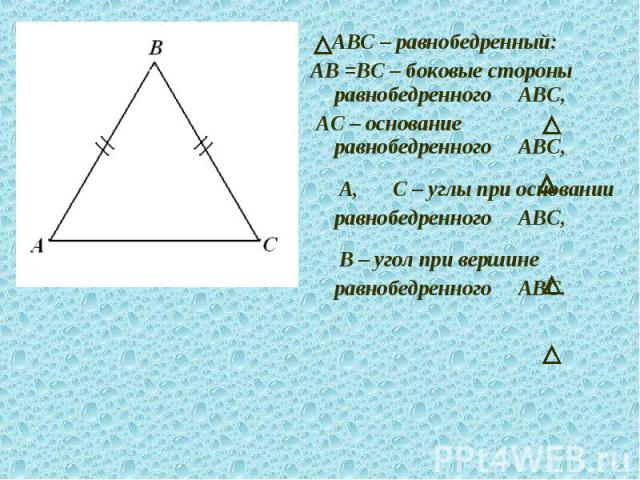АВС – равнобедренный: АВ =ВС – боковые стороны равнобедренного АВС, АС – основание равнобедренного АВС,Р А, Р С – углы при основании равнобедренного АВС,Р В – угол при вершине равнобедренного АВС.