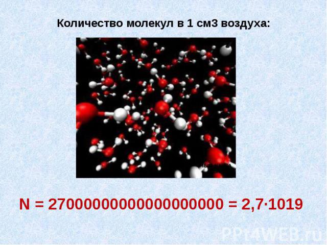 Количество молекул в 1 см3 воздуха:N = 27000000000000000000 = 2,7∙1019