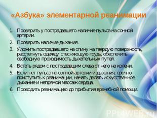 «Азбука» элементарной реанимации Проверить у пострадавшего наличие пульса на сон