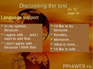 Discussing the text Ex. 3C, page 34 Language support In my opinion, …. because…I
