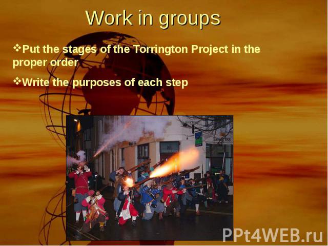 Work in groups Put the stages of the Torrington Project in the proper orderWrite the purposes of each step