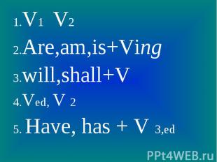 1.V1 V22.Are,am,is+Ving3.will,shall+V4.Ved, V 25. Have, has + V 3,ed