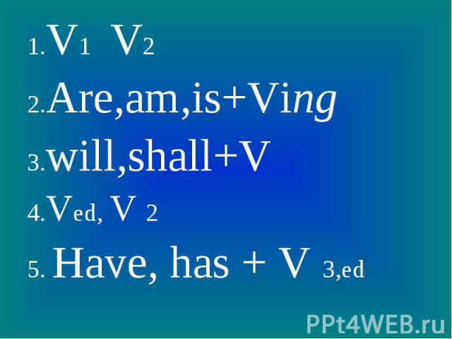 1.V1 V22.Are,am,is+Ving3.will,shall+V4.Ved, V 25. Have, has + V 3,ed