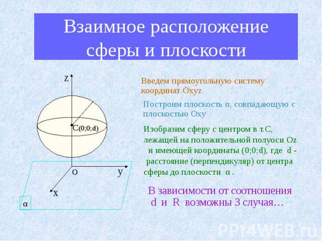 Взаимное расположение сферы и плоскости Введем прямоугольную систему координат Oxyz Построим плоскость α, совпадающую с плоскостью Оху Изобразим сферу с центром в т.С, лежащей на положительной полуоси Oz и имеющей координаты (0;0;d), где d - расстоя…