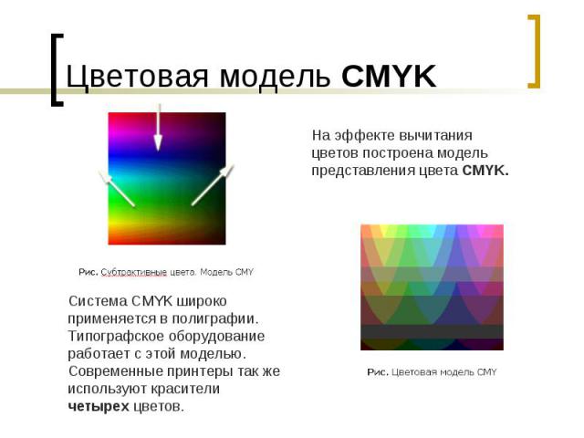 Цветовая модель CMYK На эффекте вычитания цветов построена модель представления цвета CMYK. Система CMYK широко применяется в полиграфии. Типографское оборудование работает с этой моделью. Современные принтеры так же используют красители четырех цветов.