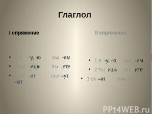 Глаглол I спряжение1 я -у, -ю мы -ем2 ты -ешь вы -ете3 он -ет они –ут, -ют 1 я -