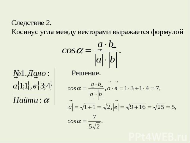 Следствие 2.Косинус угла между векторами выражается формулой Решение.