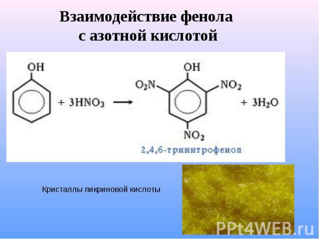 Взаимодействие фенола с азотной кислотой Кристаллы пикриновой кислоты