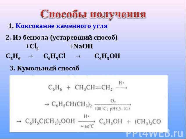 Способы получения 1. Коксование каменного угля 2. Из бензола (устаревший способ) +Cl2 +NaOHС6Н6 → С6Н5Сl → С6Н5OH 3. Кумольный способ