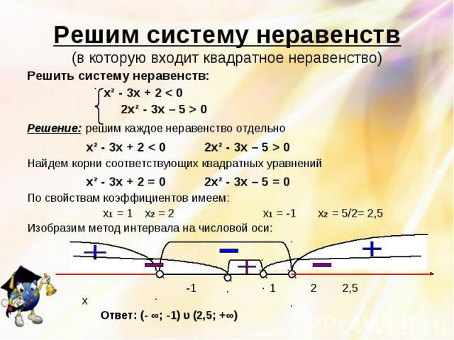 Решим систему неравенств(в которую входит квадратное неравенство) Решить систему неравенств: х² - 3х + 2 < 0 2х² - 3х – 5 > 0Решение: решим каждое неравенство отдельно х² - 3х + 2 < 0 2х² - 3х – 5 > 0Найдем корни соответствующих квадратных уравнений…