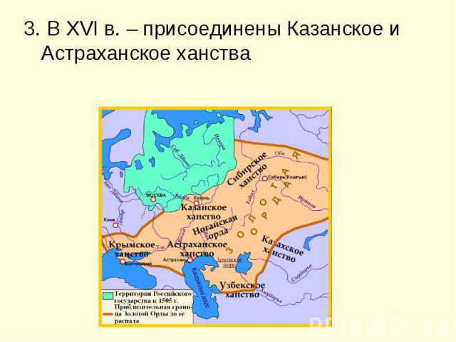 3. В XVI в. – присоединены Казанское и Астраханское ханства