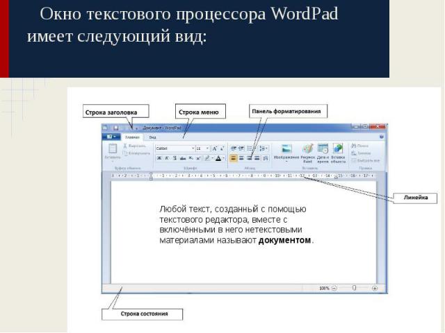Окно текстового процессора WordPad имеет следующий вид: