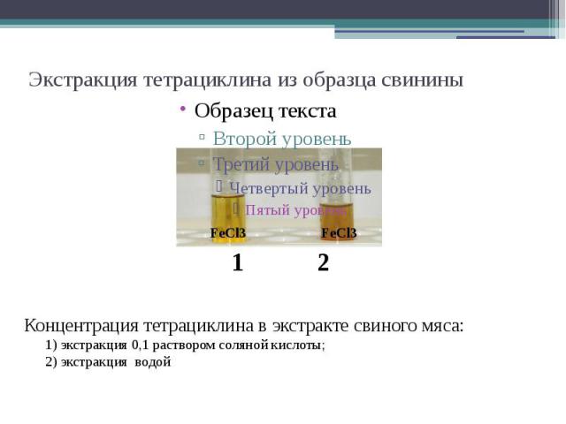 Экстракция тетрациклина из образца свинины Концентрация тетрациклина в экстракте свиного мяса: 1) экстракция 0,1 раствором соляной кислоты; 2) экстракция водой