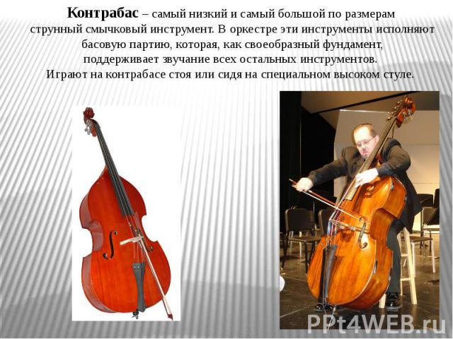 Контрабас – самый низкий и самый большой по размерам струнный смычковый инструмент. В оркестре эти инструменты исполняют басовую партию, которая, как своеобразный фундамент, поддерживает звучание всех остальных инструментов. Играют на контрабасе сто…