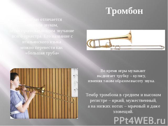 Тромбон Тромбон отличается мощным звуком, легко пронизывающим звучание всего оркестра. Его название с итальянского языка можно перевести как «большая труба» Во время игры музыкант выдвигает трубку – кулису, изменяя таким образом высоту звука. Тембр …