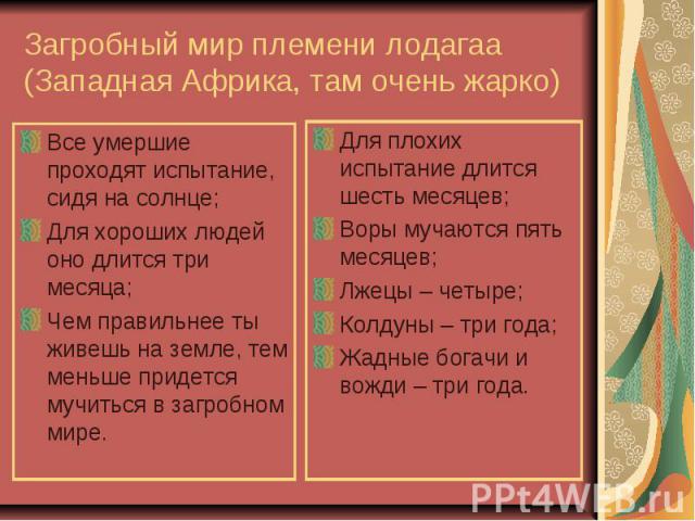 Загробный мир племени лодагаа (Западная Африка, там очень жарко) Все умершие проходят испытание, сидя на солнце;Для хороших людей оно длится три месяца;Чем правильнее ты живешь на земле, тем меньше придется мучиться в загробном мире. Для плохих испы…