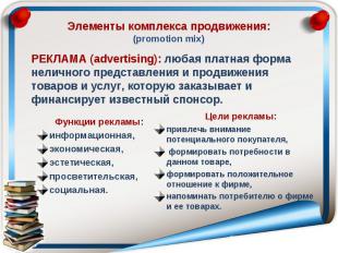 Элементы комплекса продвижения:(promotion mix) РЕКЛАМА (advertising): любая плат