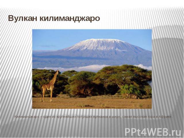 Вулкан килиманджароКилиманджаро – один из крупнейших потухших вулканов в мире, самая высокая гора в Африке.