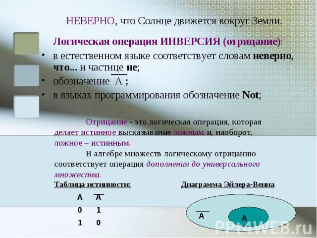 НЕВЕРНО, что Солнце движется вокруг Земли. Логическая операция ИНВЕРСИЯ (отрицание): в естественном языке соответствует словам неверно, что... и частице не; обозначение А ; в языках программирования обозначение Not; Отрицание - это логическая операц…