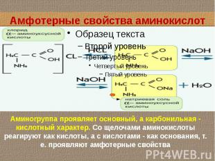 Амфотерные свойства аминокислот Аминоrpyппa проявляет основный, а карбонильная -