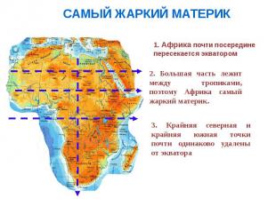 САМЫЙ ЖАРКИЙ МАТЕРИК 1. Африка почти посередине пересекается экватором 2. Больша