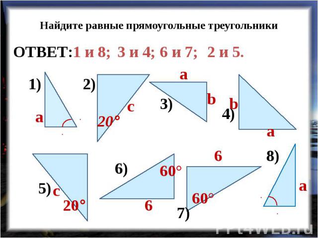 Найдите равные прямоугольные треугольники