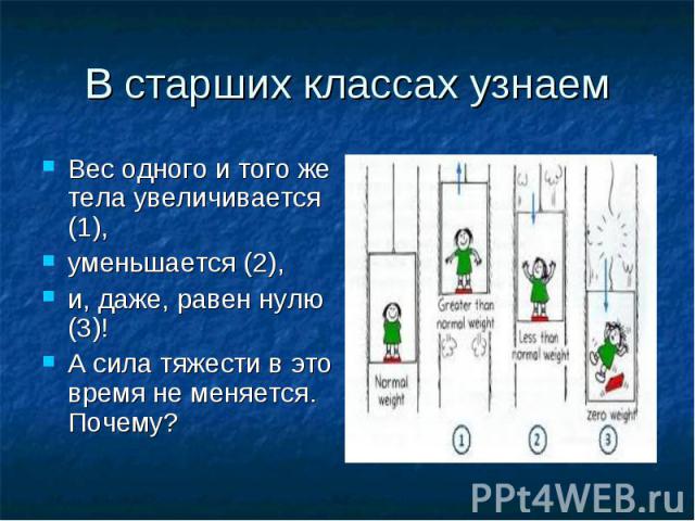 В старших классах узнаем Вес одного и того же тела увеличивается (1),уменьшается (2),и, даже, равен нулю (3)!А сила тяжести в это время не меняется. Почему?