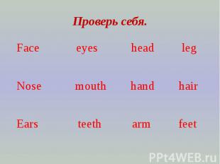 Проверь себя.Face eyes head leg Nose mouth hand hairEars teeth arm feet