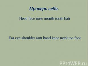 Проверь себя.Head face nose mouth tooth hairEar eye shoulder arm hand knee neck