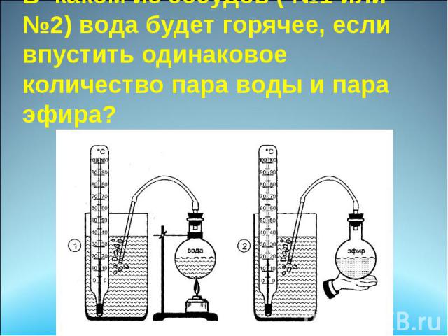 В каком из сосудов ( №1 или №2) вода будет горячее, если впустить одинаковое количество пара воды и пара эфира?