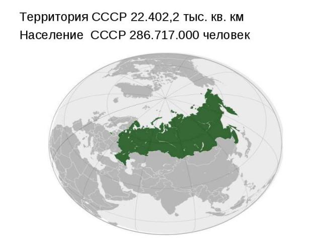 Территория СССР 22.402,2 тыс. кв. кмНаселение СССР 286.717.000 человек