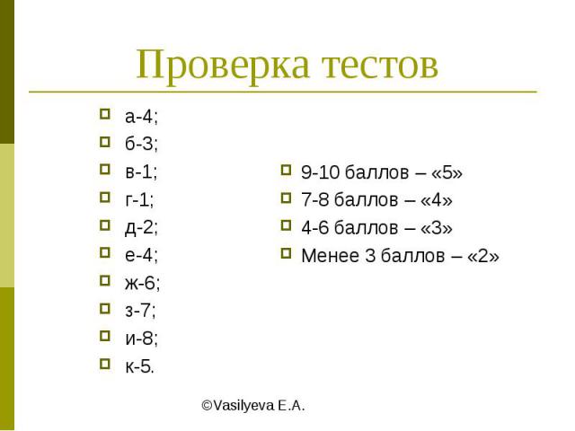 Проверка тестов а-4; б-3; в-1; г-1; д-2; е-4; ж-6; з-7; и-8; к-5. 9-10 баллов – «5»7-8 баллов – «4»4-6 баллов – «3»Менее 3 баллов – «2»