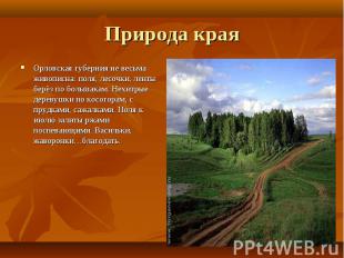 Природа края Орловская губерния не весьма живописна: поля, лесочки, ленты берёз