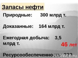 Запасы нефти Природные: 300 млрд т.Доказанные: 164 млрд т.Ежегодная добыча: 3,5