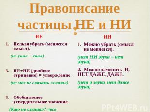 Правописание частицы НЕ и НИ НЕ Нельзя убрать (меняется смысл). (не упал - упал)