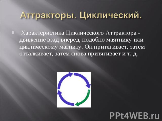 Характеристика Циклического Аттрактора - движение взад-вперед, подобно маятнику или циклическому магниту. Он притягивает, затем отталкивает, затем снова притягивает и т. д. Характеристика Циклического Аттрактора - движение взад-вперед, подобно маятн…