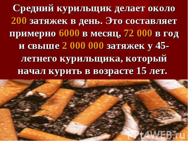Средний курильщик делает около 200 затяжек в день. Это составляет примерно 6000 в месяц, 72 000 в год и свыше 2 000 000 затяжек у 45-летнего курильщика, который начал курить в возрасте 15 лет. Средний курильщик делает около 200 затяжек в день. Это с…