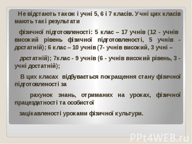 Не відстають також і учні 5, 6 і 7 класів. Учні цих класів мають такі результати Не відстають також і учні 5, 6 і 7 класів. Учні цих класів мають такі результати фізичної підготовленості: 5 клас – 17 учнів (12 - учнів високий рівень фізичної підгото…