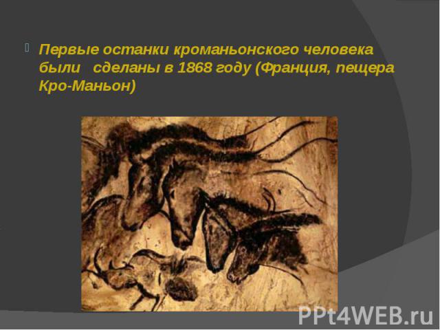 Первые останки кроманьонского человека были сделаны в 1868 году (Франция, пещера Кро-Маньон) Первые останки кроманьонского человека были сделаны в 1868 году (Франция, пещера Кро-Маньон)