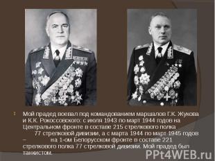 Мой прадед воевал под командованием маршалов Г.К. Жукова и К.К. Рокоссовского: с