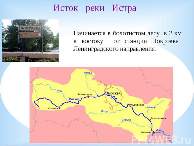 Начинается в болотистом лесу в 2 км к востоку от станции Покровка Ленинградского направления.