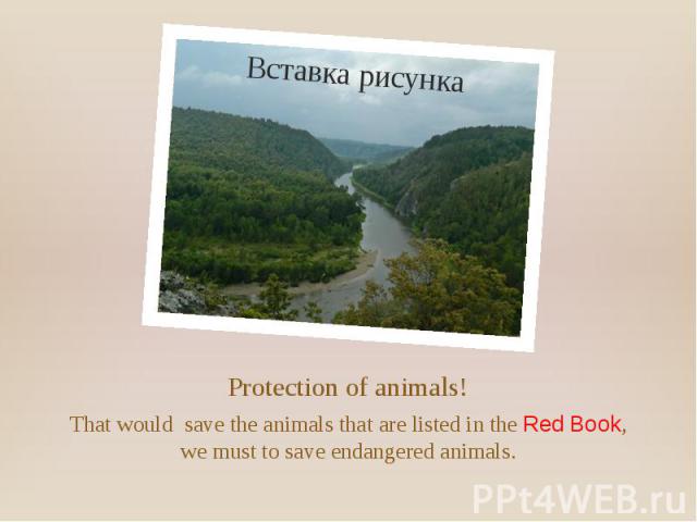 Protection of animals! That would save the animals that are listed in the Red Book, we must to save endangered animals.
