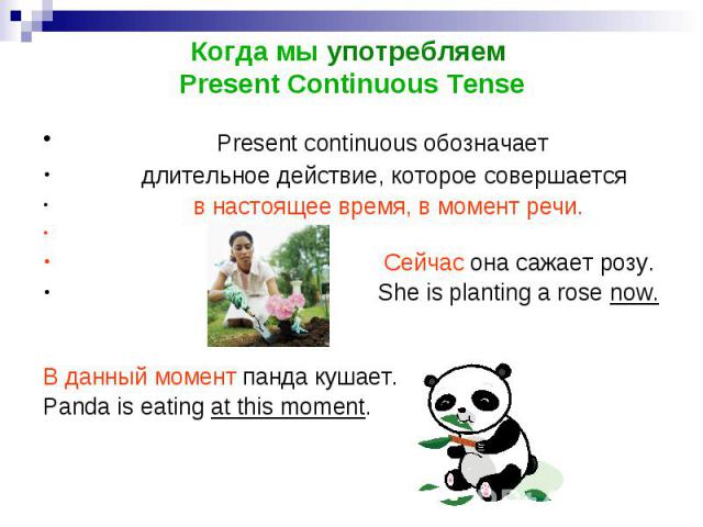 Present continuous обозначает Present continuous обозначает длительное действие, которое совершается в настоящее время, в момент речи. Сейчас она сажает розу. She is planting a rose now. В данный момент панда кушает. Panda is eating at this moment.