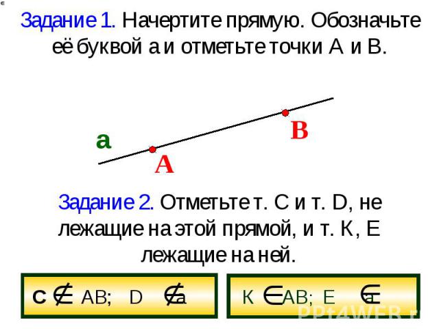 Задание 1. Начертите прямую. Обозначьте её буквой а и отметьте точки А и В.Задание 2. Отметьте т. С и т. D, не лежащие на этой прямой, и т. К, Е лежащие на ней.