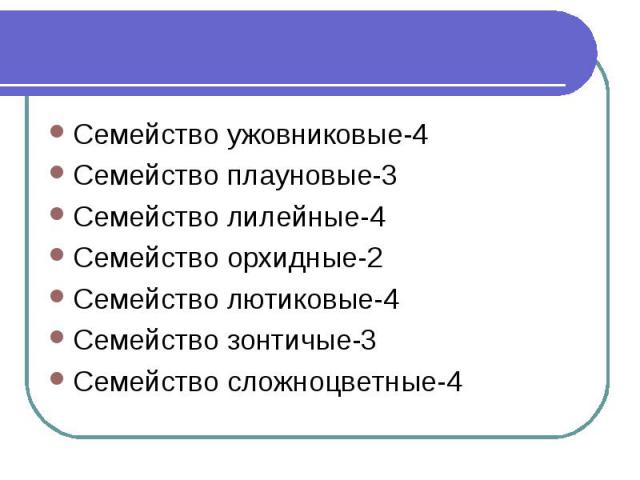 Семейство ужовниковые-4Семейство плауновые-3Семейство лилейные-4Семейство орхидные-2Семейство лютиковые-4Семейство зонтичые-3Семейство сложноцветные-4