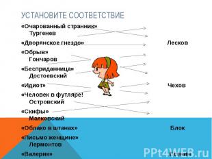 Установите соответствие «Очарованный странник» Тургенев«Дворянское гнездо» Леско