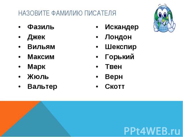 назовите фамилию писателя ФазильДжекВильямМаксимМаркЖюльВальтер ИскандерЛондонШекспирГорькийТвенВернСкотт