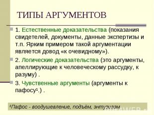 ТИПЫ АРГУМЕНТОВ 1. Естественные доказательства (показания свидетелей, документы,